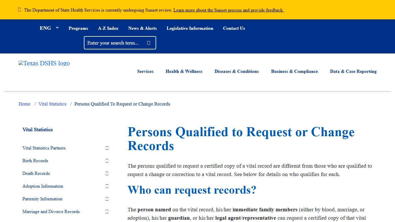 Persons Qualified to Request or Change Records Texas DSHS